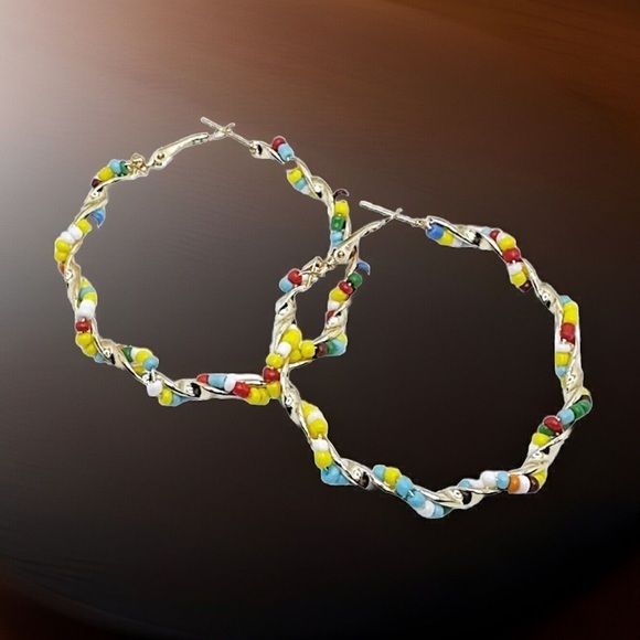 Anthropologie Seaside Beaded 50mm Multicolored Twist Resort Hoop Earrings hoops - Picture 2 of 5